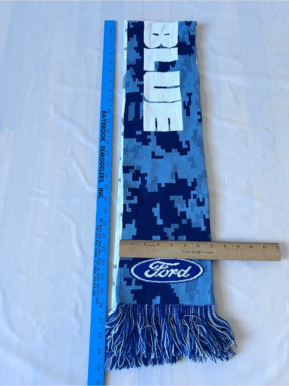 New York Giants Go Big Blue knitted scarf reversible camo fringes Ford giveaway